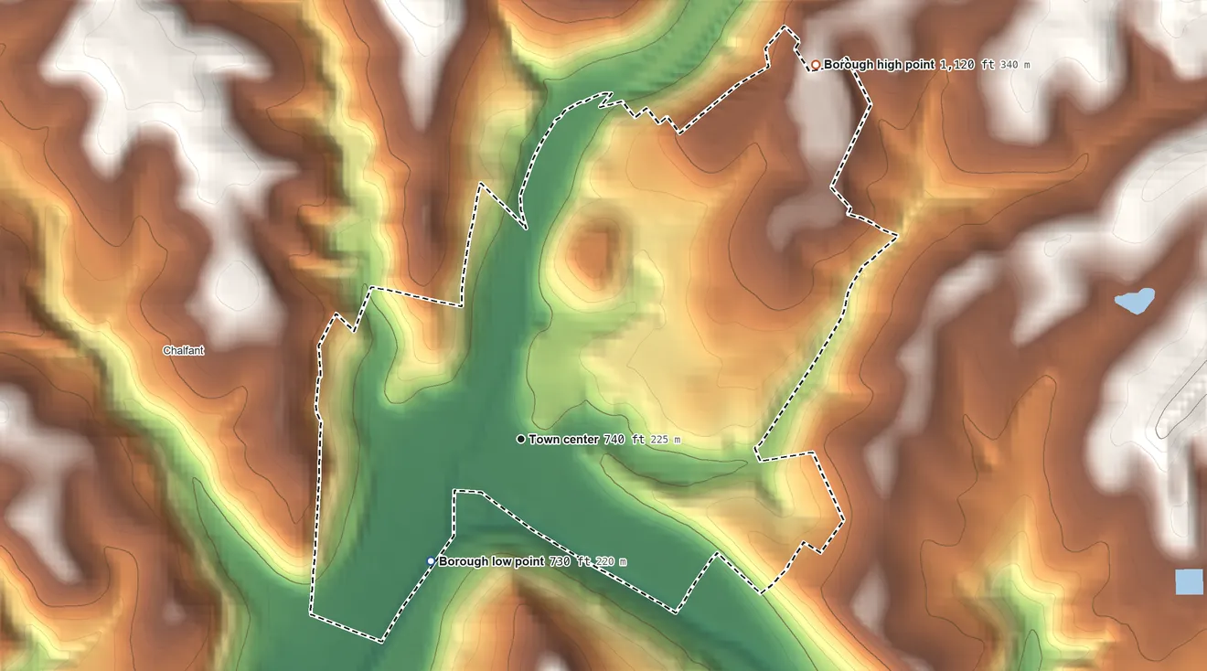 Topographic elevation map of Turtle Creek, Pennsylvania, shaded from 730 ft on the southwest side to 1,120 ft on the northeast side