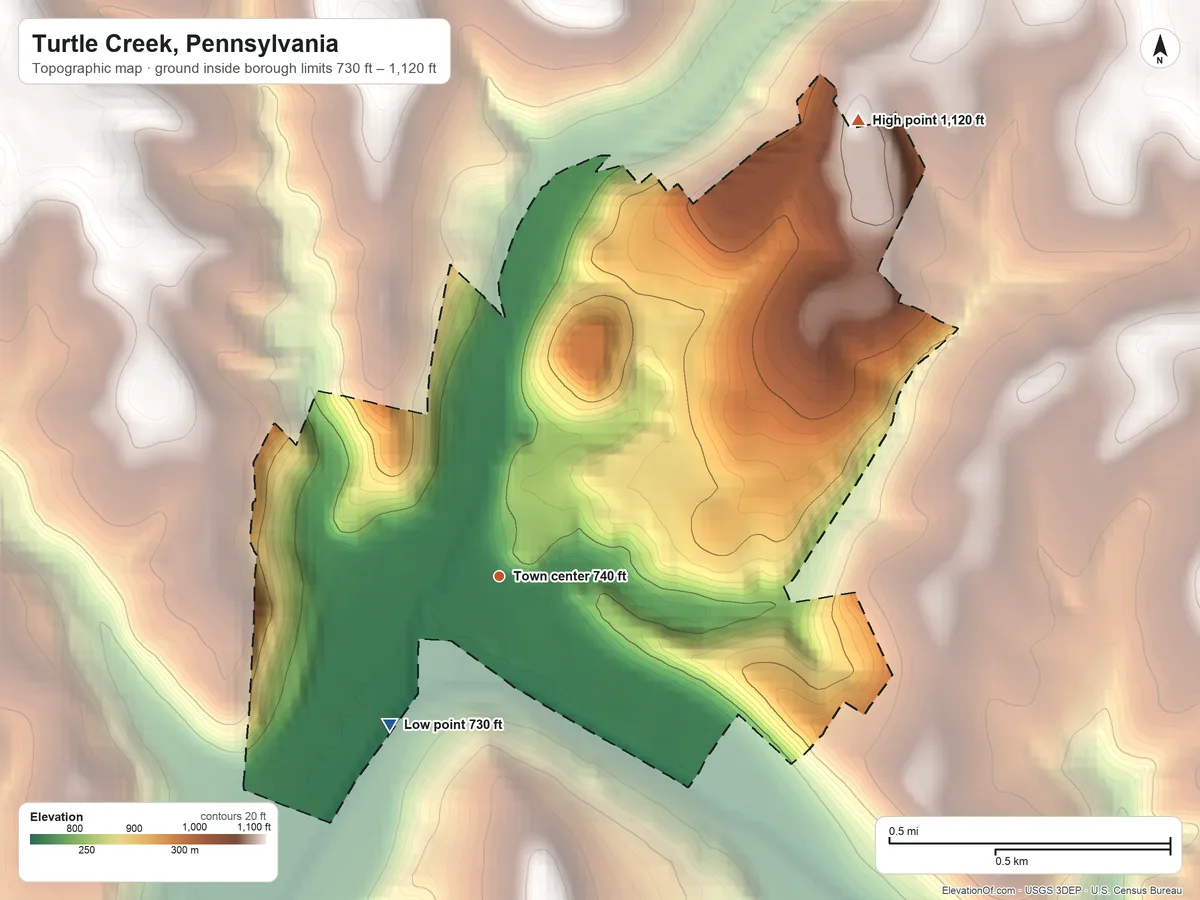 Topographic elevation map of Turtle Creek, Pennsylvania, shaded from 730 ft on the southwest side to 1,120 ft on the northeast side