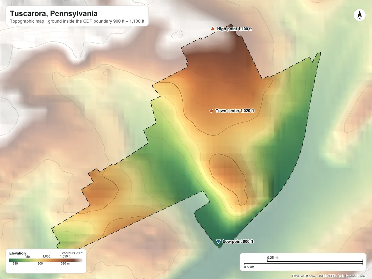 Topographic elevation map of Tuscarora, Pennsylvania, shaded from 900 ft on the south side to 1,100 ft at the foot of the Broad Mountain