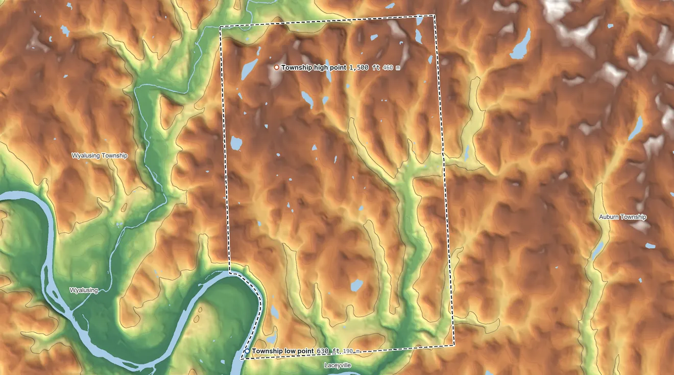 Topographic elevation map of Tuscarora Township, Bradford County, Pennsylvania, shaded from 630 ft on the southwest side to 1,500 ft on the north side