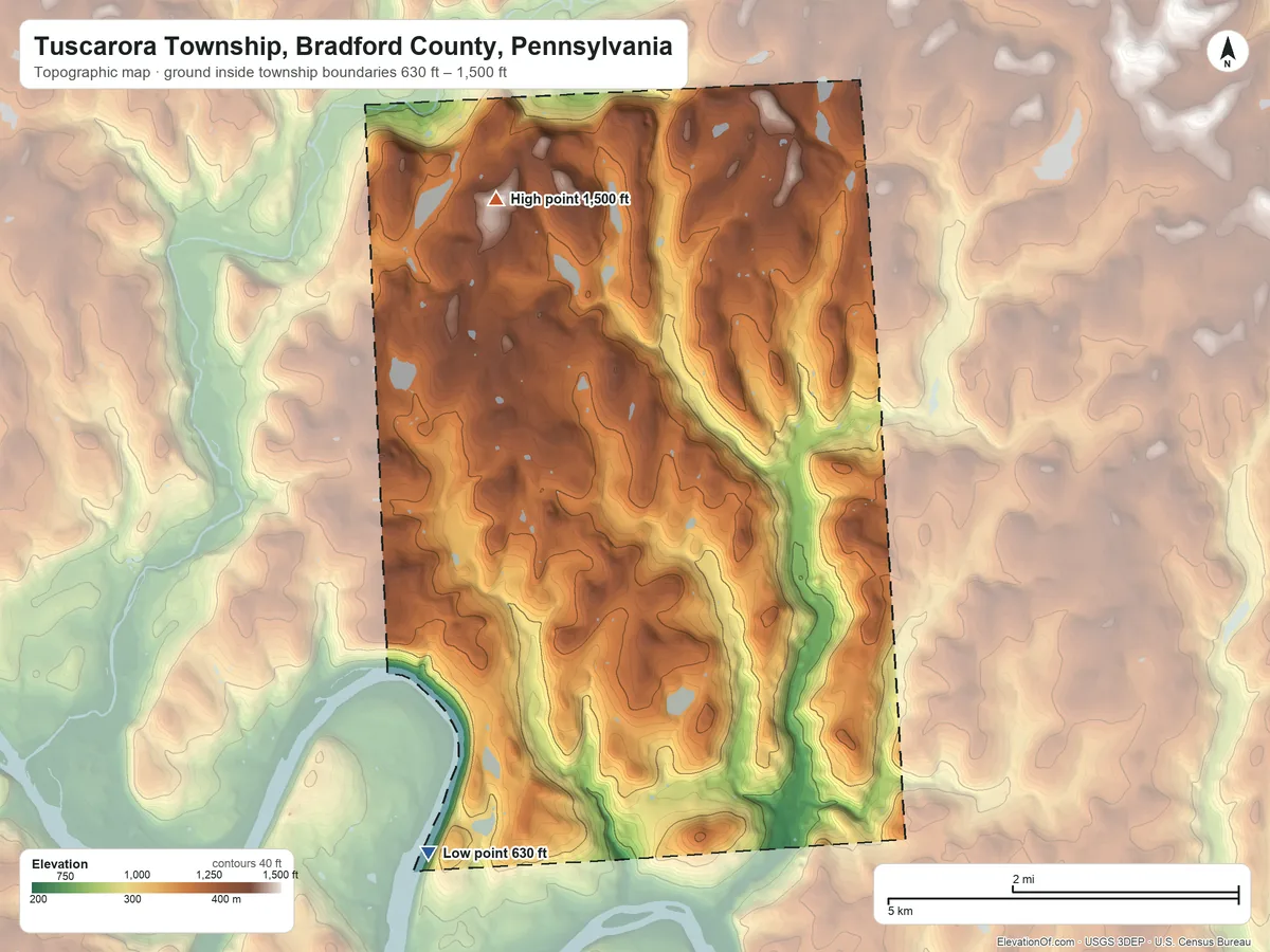 Topographic elevation map of Tuscarora Township, Bradford County, Pennsylvania, shaded from 630 ft on the southwest side to 1,500 ft on the north side