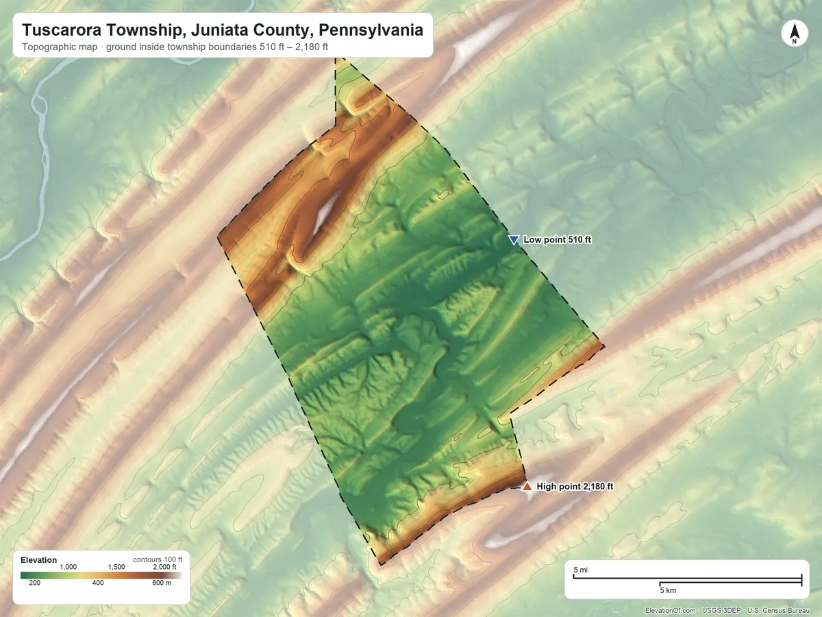 Topographic elevation map of Tuscarora Township, Juniata County, Pennsylvania, shaded from 510 ft on the northeast side to 2,180 ft on the southeast side
