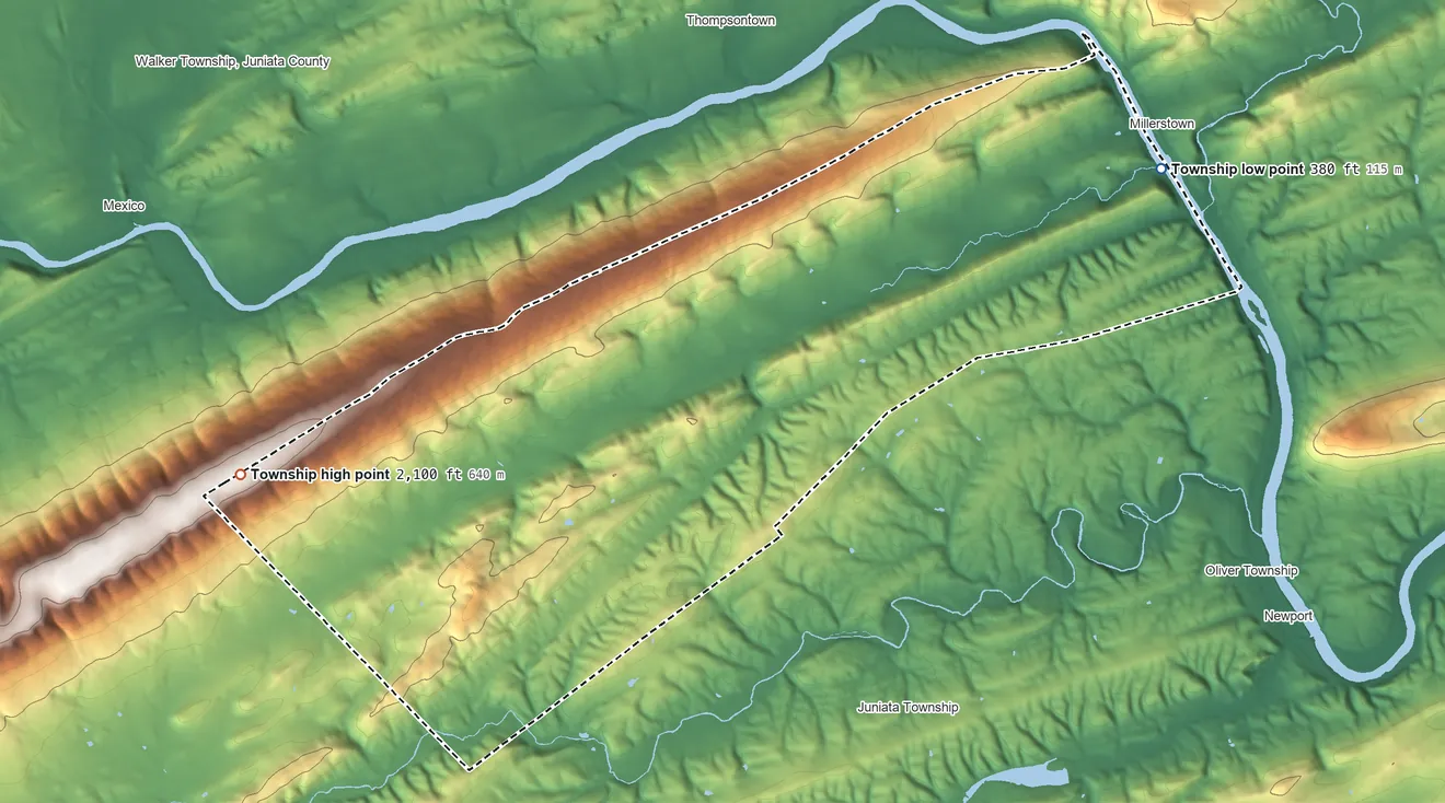Topographic elevation map of Tuscarora Township, Pennsylvania, shaded from 380 ft on the northeast side to 2,100 ft on the west side