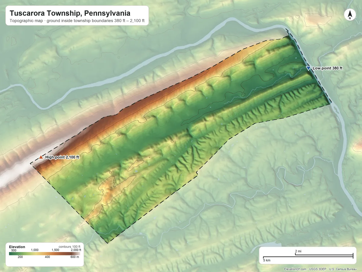 Topographic elevation map of Tuscarora Township, Pennsylvania, shaded from 380 ft on the northeast side to 2,100 ft on the west side