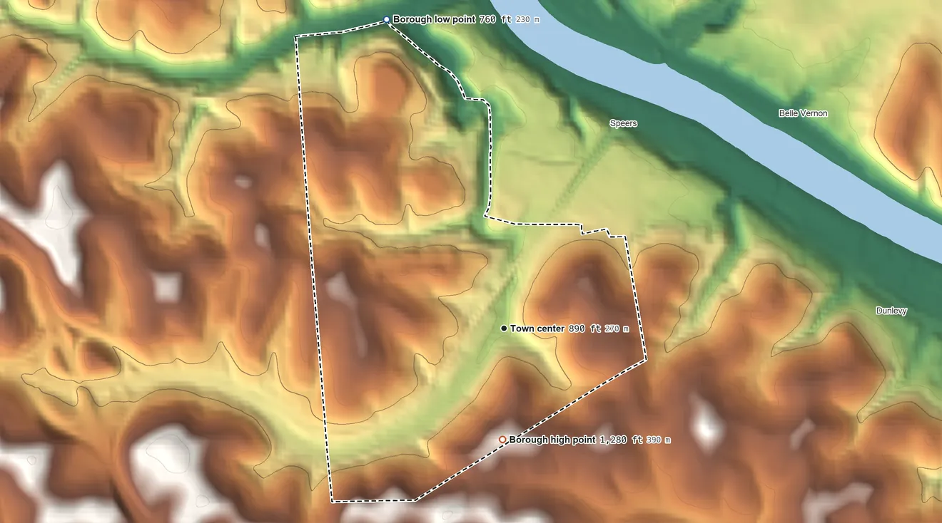 Topographic elevation map of Twilight, Pennsylvania, shaded from 760 ft on the north side to 1,280 ft on the south side