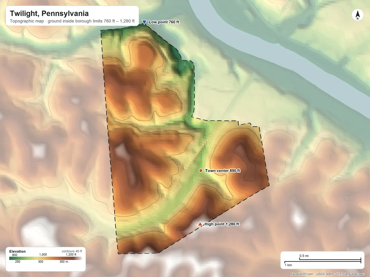 Topographic elevation map of Twilight, Pennsylvania, shaded from 760 ft on the north side to 1,280 ft on the south side