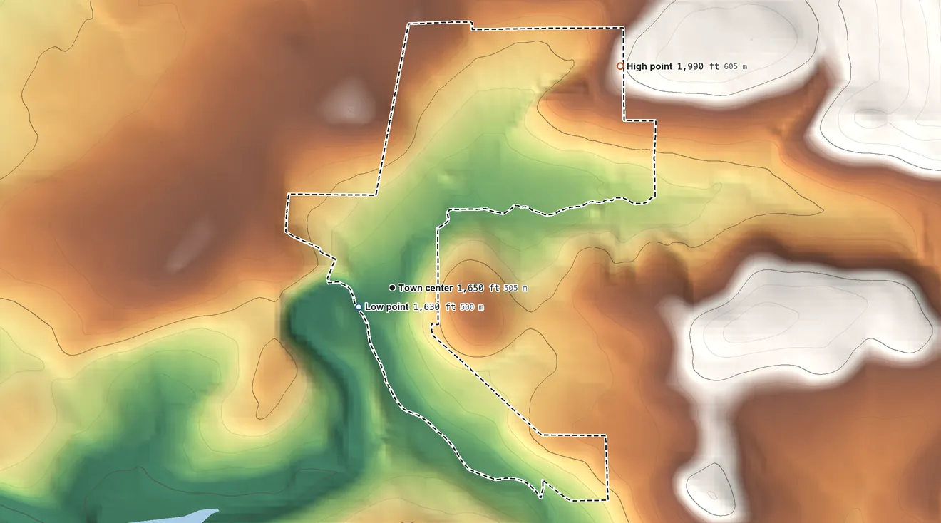 Topographic elevation map of Twin Rocks, Pennsylvania, shaded from 1,630 ft near the middle to 1,990 ft on the northeast edge, below higher ground just outside