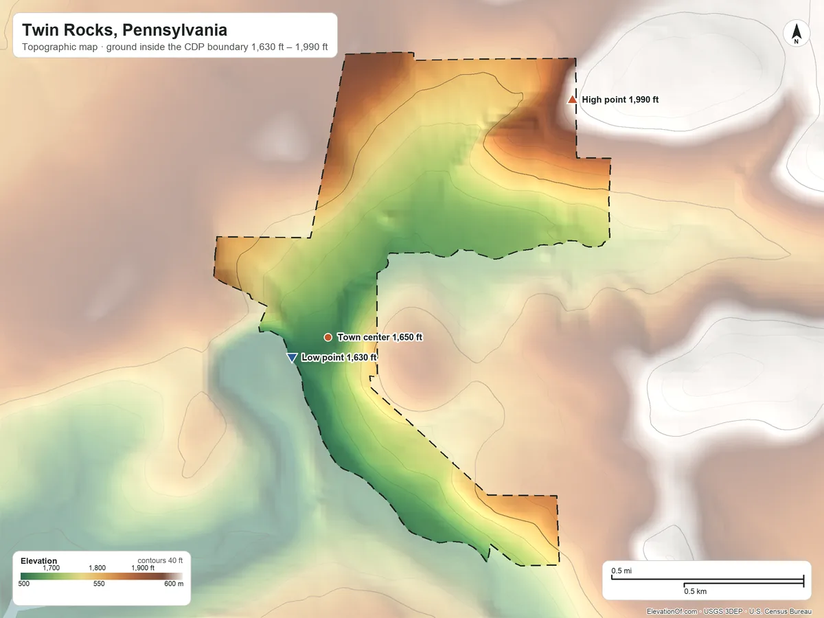 Topographic elevation map of Twin Rocks, Pennsylvania, shaded from 1,630 ft near the middle to 1,990 ft on the northeast edge, below higher ground just outside