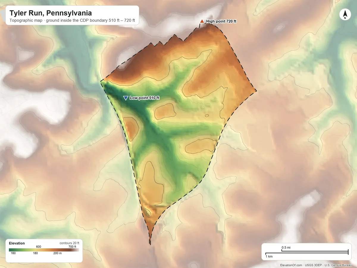 Topographic elevation map of Tyler Run, Pennsylvania, shaded from 510 ft on the west side to 720 ft on the north side