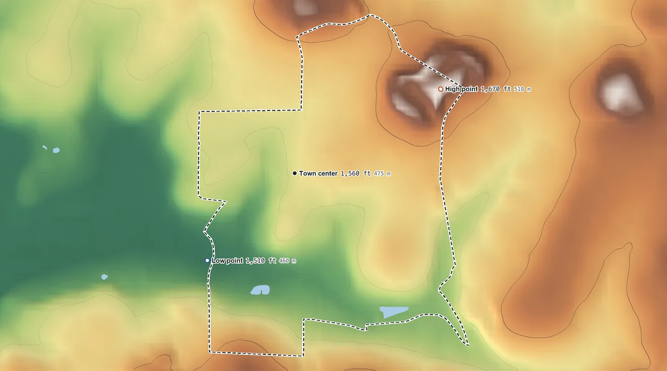 Topographic elevation map of Tylersburg, Pennsylvania, shaded from 1,510 ft on the southwest side to 1,670 ft on the northeast side