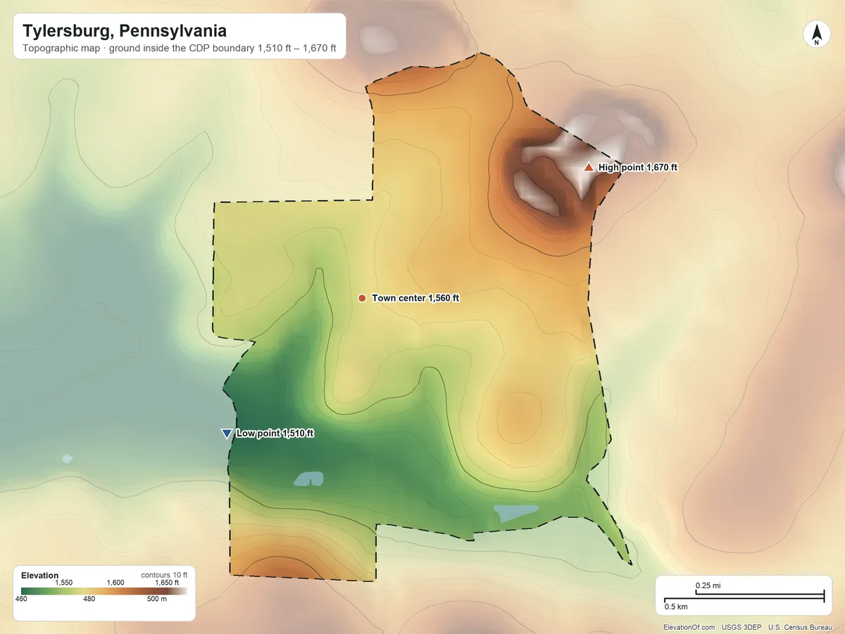 Topographic elevation map of Tylersburg, Pennsylvania, shaded from 1,510 ft on the southwest side to 1,670 ft on the northeast side