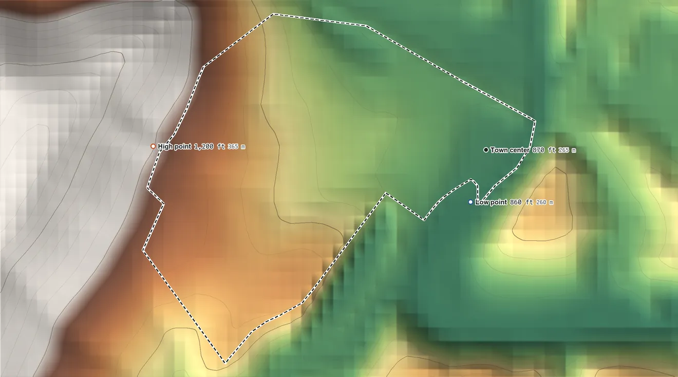 Topographic elevation map of Tyrone Forge, Pennsylvania, shaded from 860 ft on the south side to 1,200 ft on the west edge, below higher ground just outside
