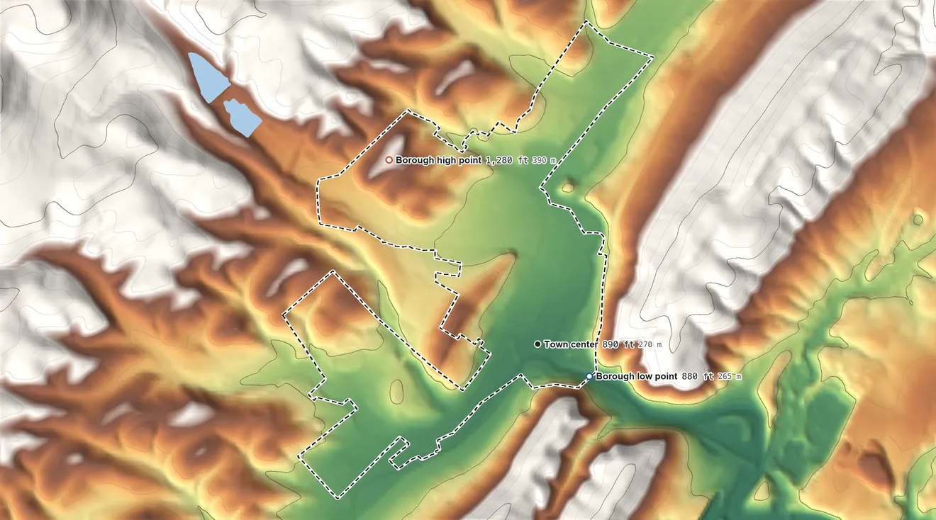 Topographic elevation map of Tyrone, Pennsylvania, shaded from 880 ft on the southeast side to 1,280 ft on the northwest edge, below higher ground just outside