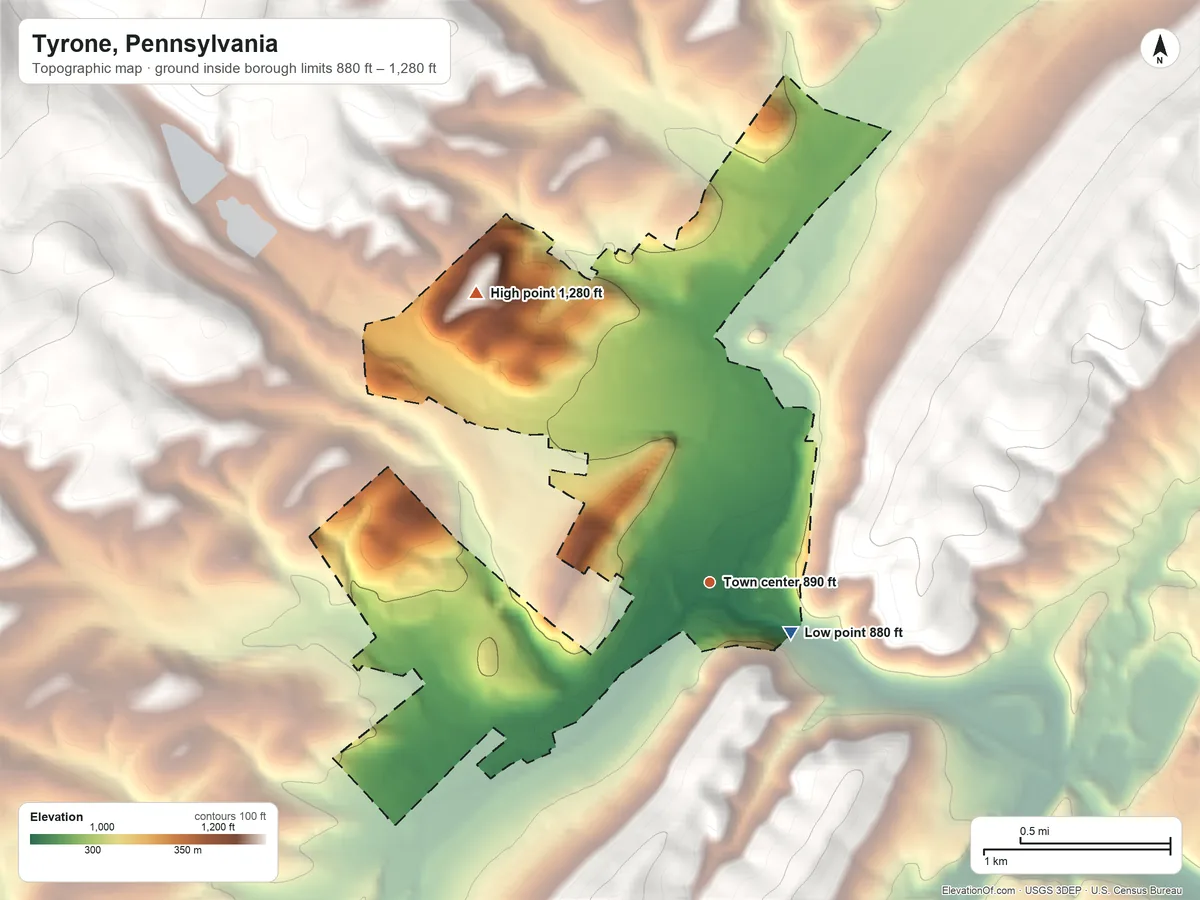 Topographic elevation map of Tyrone, Pennsylvania, shaded from 880 ft on the southeast side to 1,280 ft on the northwest edge, below higher ground just outside