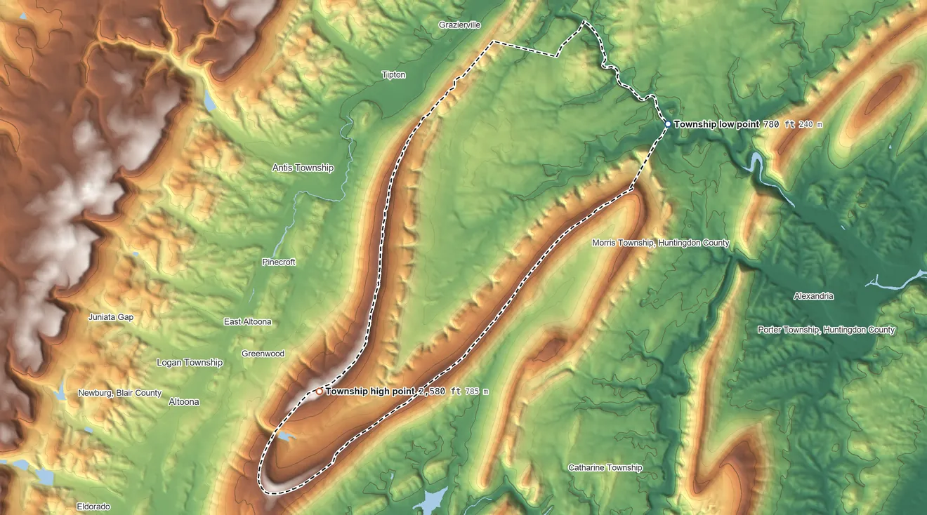 Topographic elevation map of Tyrone Township, Blair County, Pennsylvania, shaded from 780 ft on the northeast side to 2,580 ft on Brush Mountain