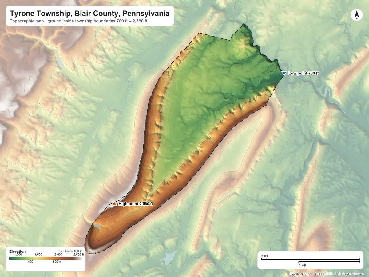 Topographic elevation map of Tyrone Township, Blair County, Pennsylvania, shaded from 780 ft on the northeast side to 2,580 ft on Brush Mountain