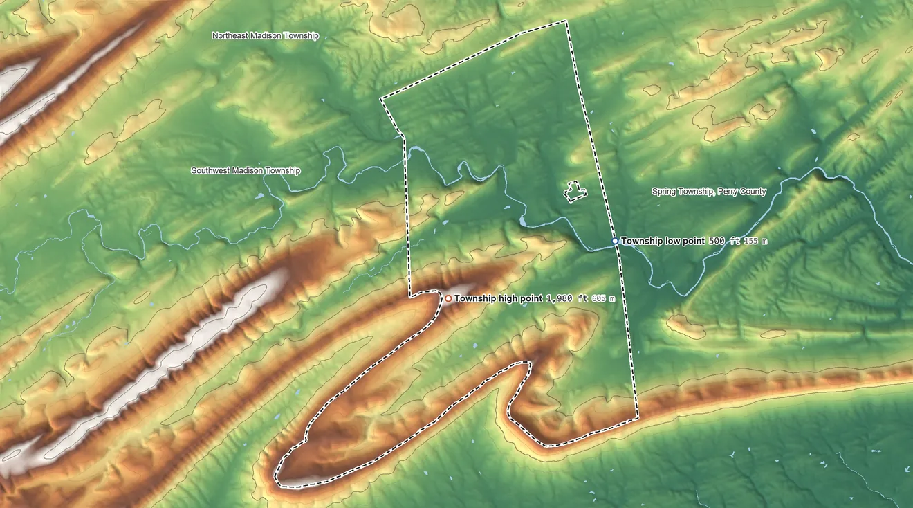 Topographic elevation map of Tyrone Township, Perry County, Pennsylvania, shaded from 500 ft on the southeast side to 1,980 ft on the southwest side