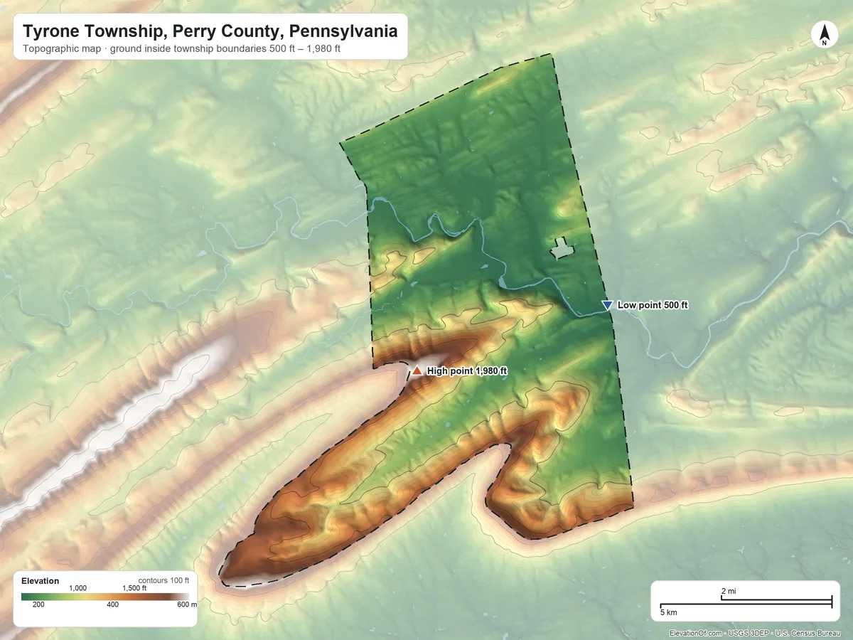 Topographic elevation map of Tyrone Township, Perry County, Pennsylvania, shaded from 500 ft on the southeast side to 1,980 ft on the southwest side
