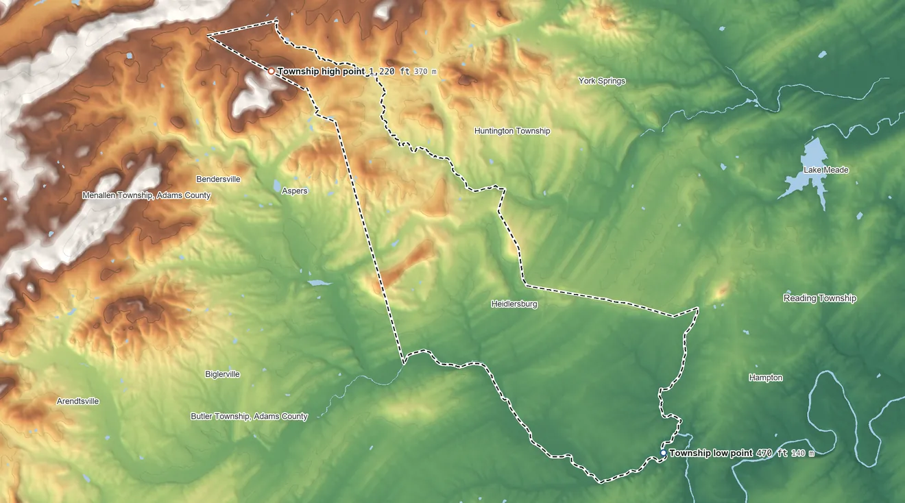 Topographic elevation map of Tyrone Township, Pennsylvania, shaded from 470 ft on the southeast side to 1,220 ft on the northwest side