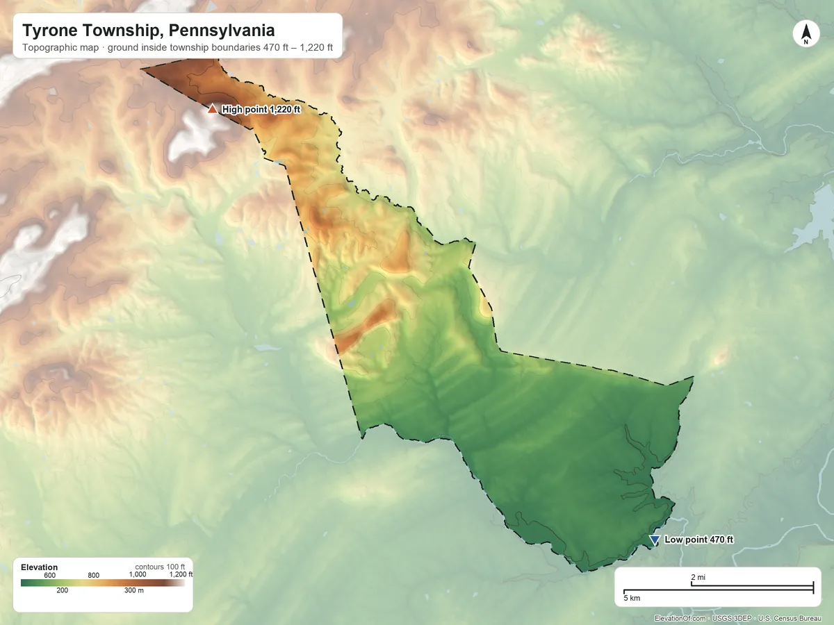 Topographic elevation map of Tyrone Township, Pennsylvania, shaded from 470 ft on the southeast side to 1,220 ft on the northwest side