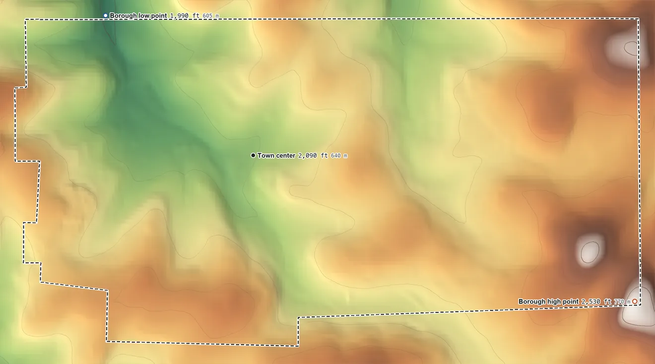 Topographic elevation map of Ulysses, Pennsylvania, shaded from 1,990 ft on the northwest side to 2,530 ft on the east side
