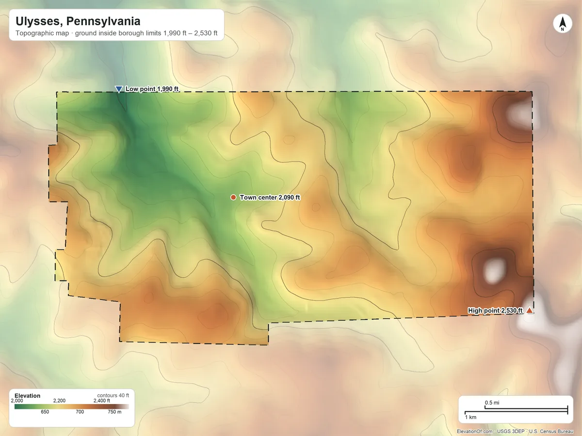 Topographic elevation map of Ulysses, Pennsylvania, shaded from 1,990 ft on the northwest side to 2,530 ft on the east side