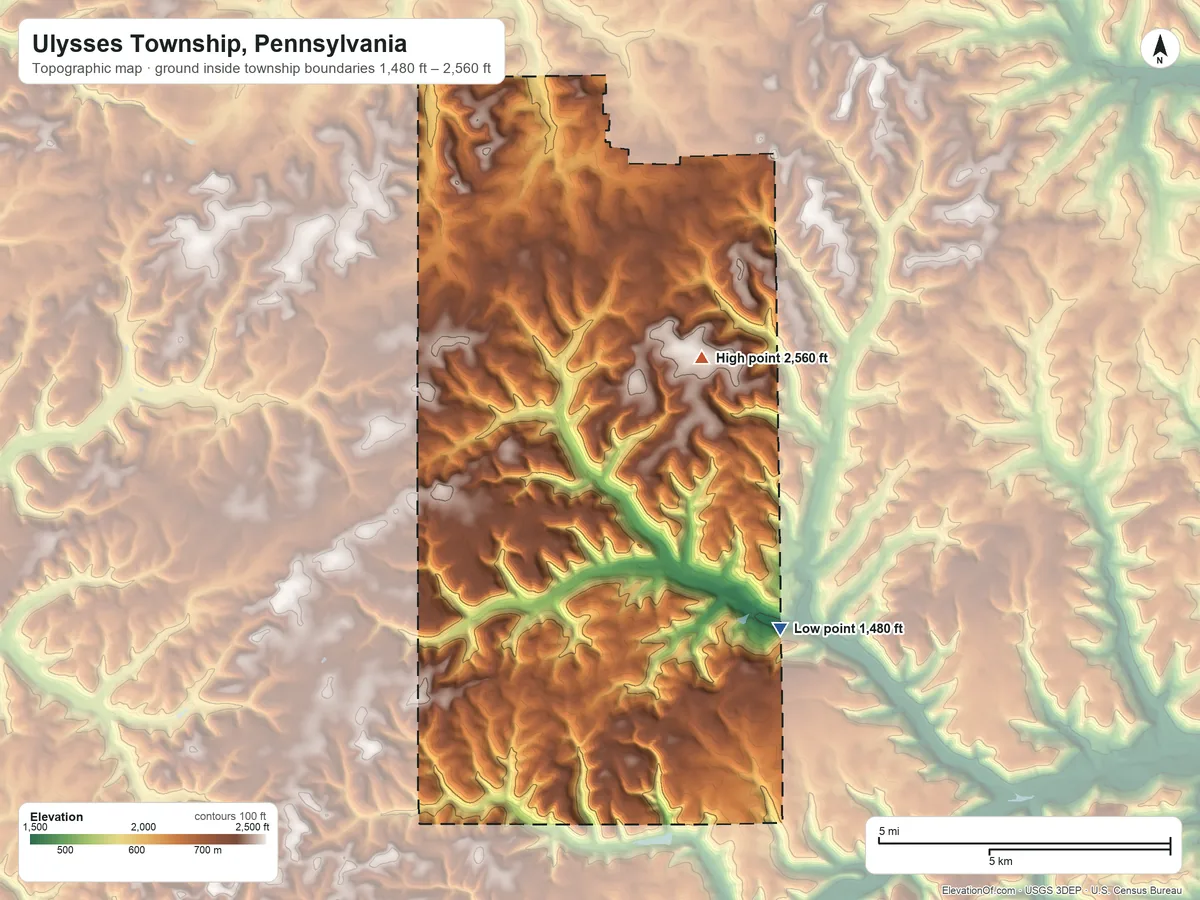 Topographic elevation map of Ulysses Township, Pennsylvania, shaded from 1,480 ft on the southeast side to 2,560 ft on the southeast side