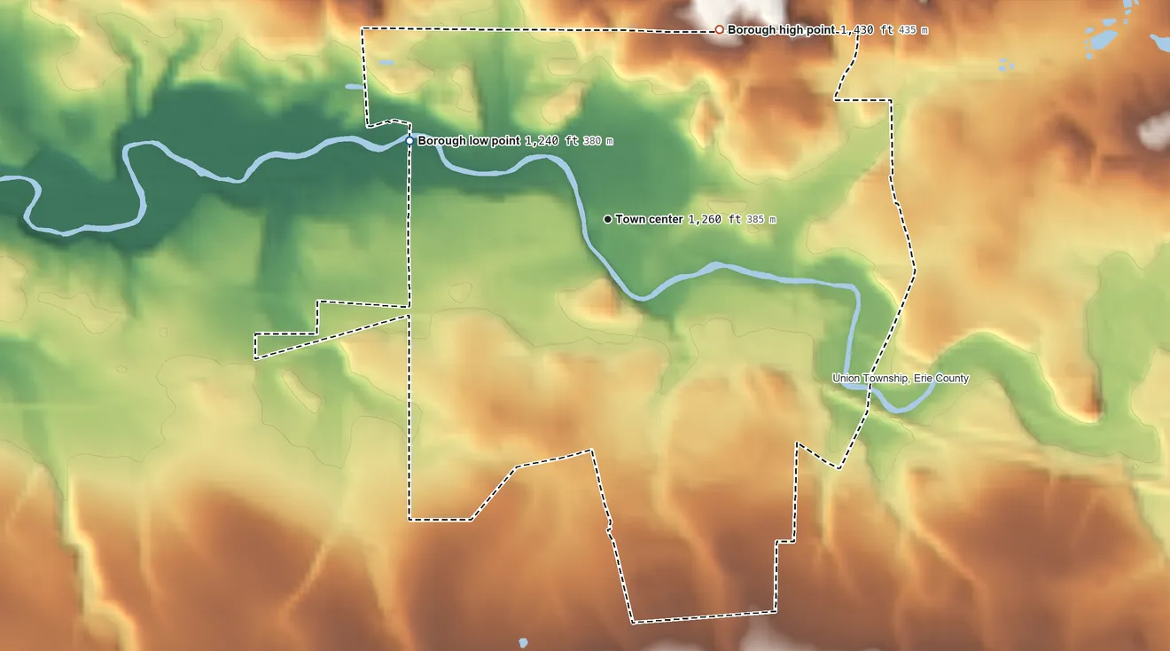 Topographic elevation map of Union City, Pennsylvania, shaded from 1,240 ft on the west side to 1,430 ft on the northeast side