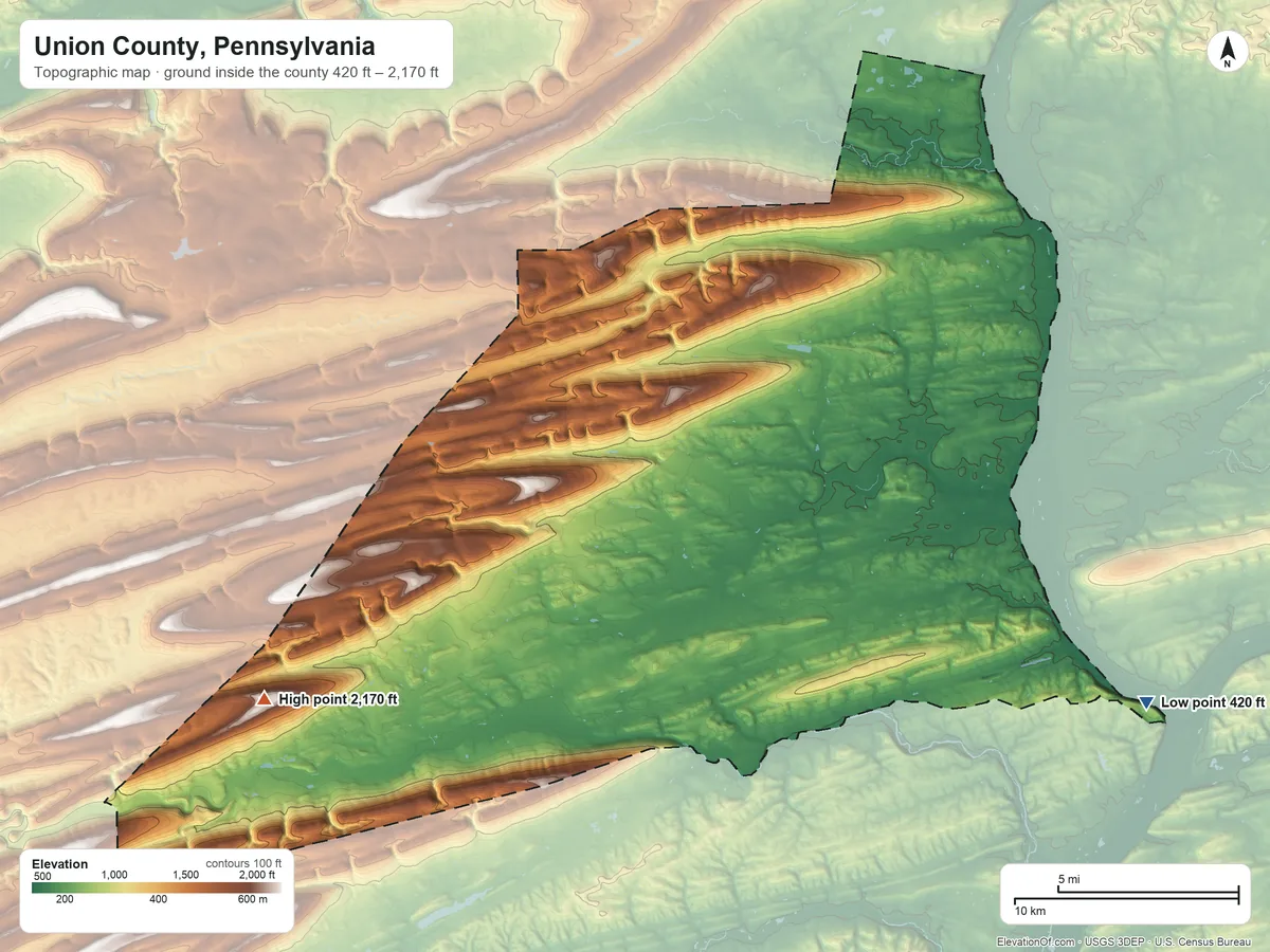 Topographic elevation map of Union County, Pennsylvania, shaded from 420 ft on the southeast side to 2,170 ft on Paddy Mountain