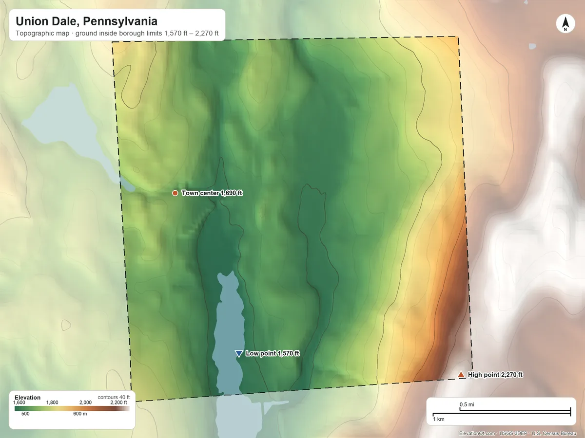 Topographic elevation map of Union Dale, Pennsylvania, shaded from 1,570 ft on the south side to 2,270 ft on the southeast side