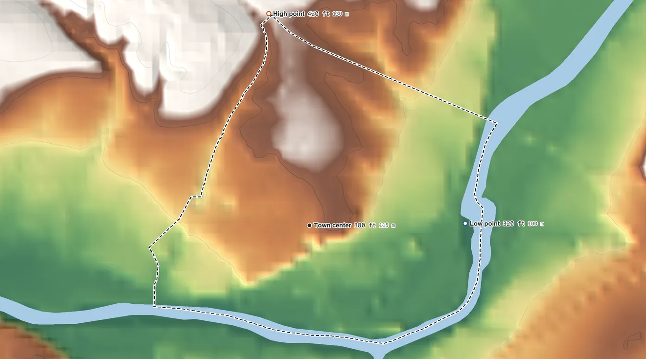 Topographic elevation map of Union Deposit, Pennsylvania, shaded from 320 ft on the east side to 420 ft on the north side