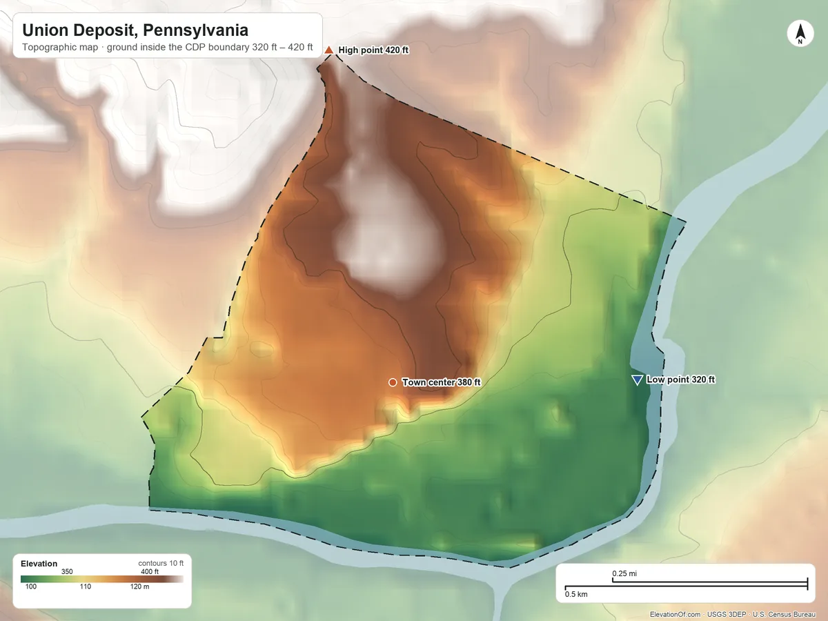 Topographic elevation map of Union Deposit, Pennsylvania, shaded from 320 ft on the east side to 420 ft on the north side