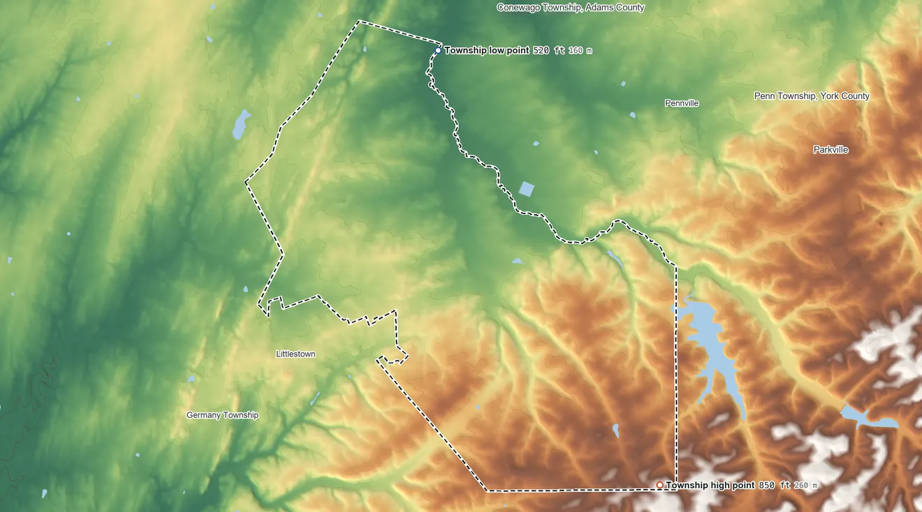 Topographic elevation map of Union Township, Adams County, Pennsylvania, shaded from 520 ft on the north side to 850 ft on the southeast side