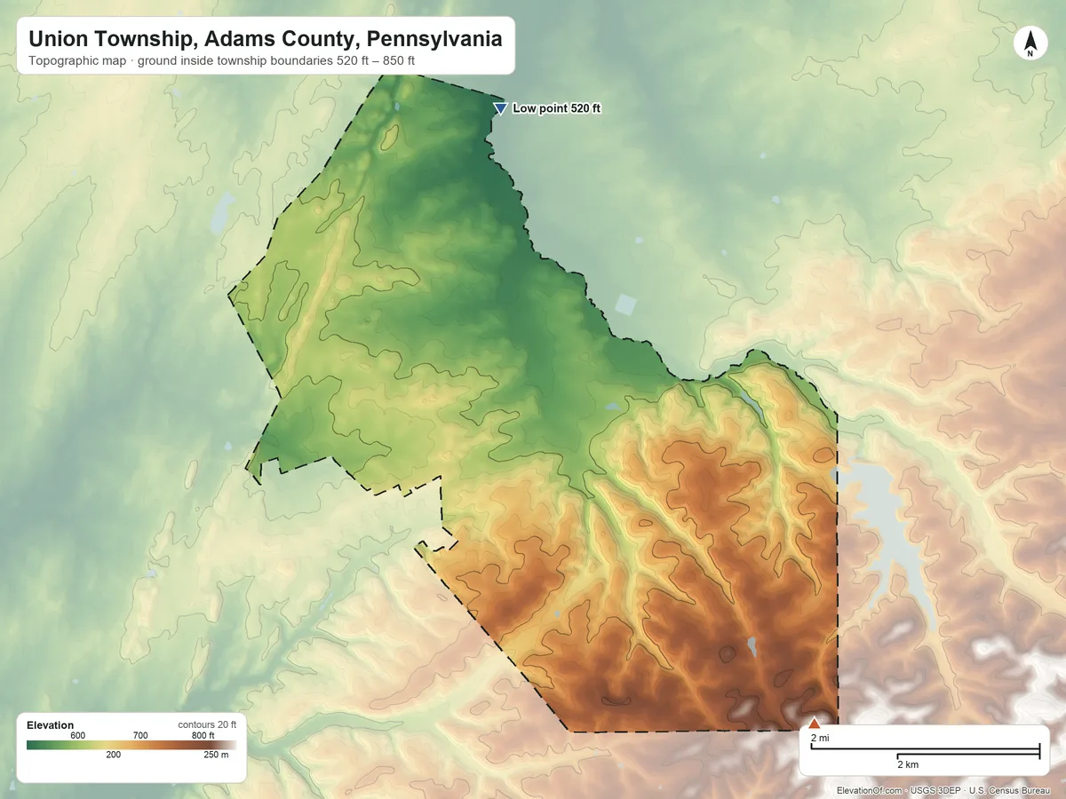 Topographic elevation map of Union Township, Adams County, Pennsylvania, shaded from 520 ft on the north side to 850 ft on the southeast side