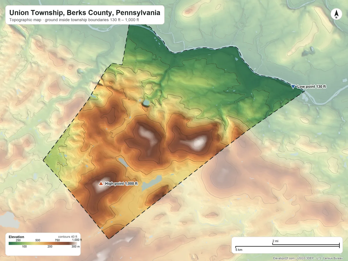 Topographic elevation map of Union Township, Berks County, Pennsylvania, shaded from 130 ft on the east side to 1,000 ft on Williams Hill