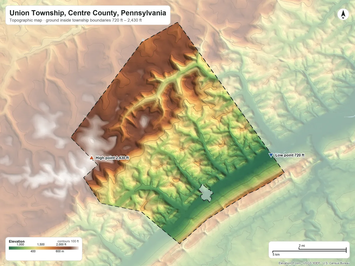 Topographic elevation map of Union Township, Centre County, Pennsylvania, shaded from 720 ft on the east side to 2,430 ft on the west side