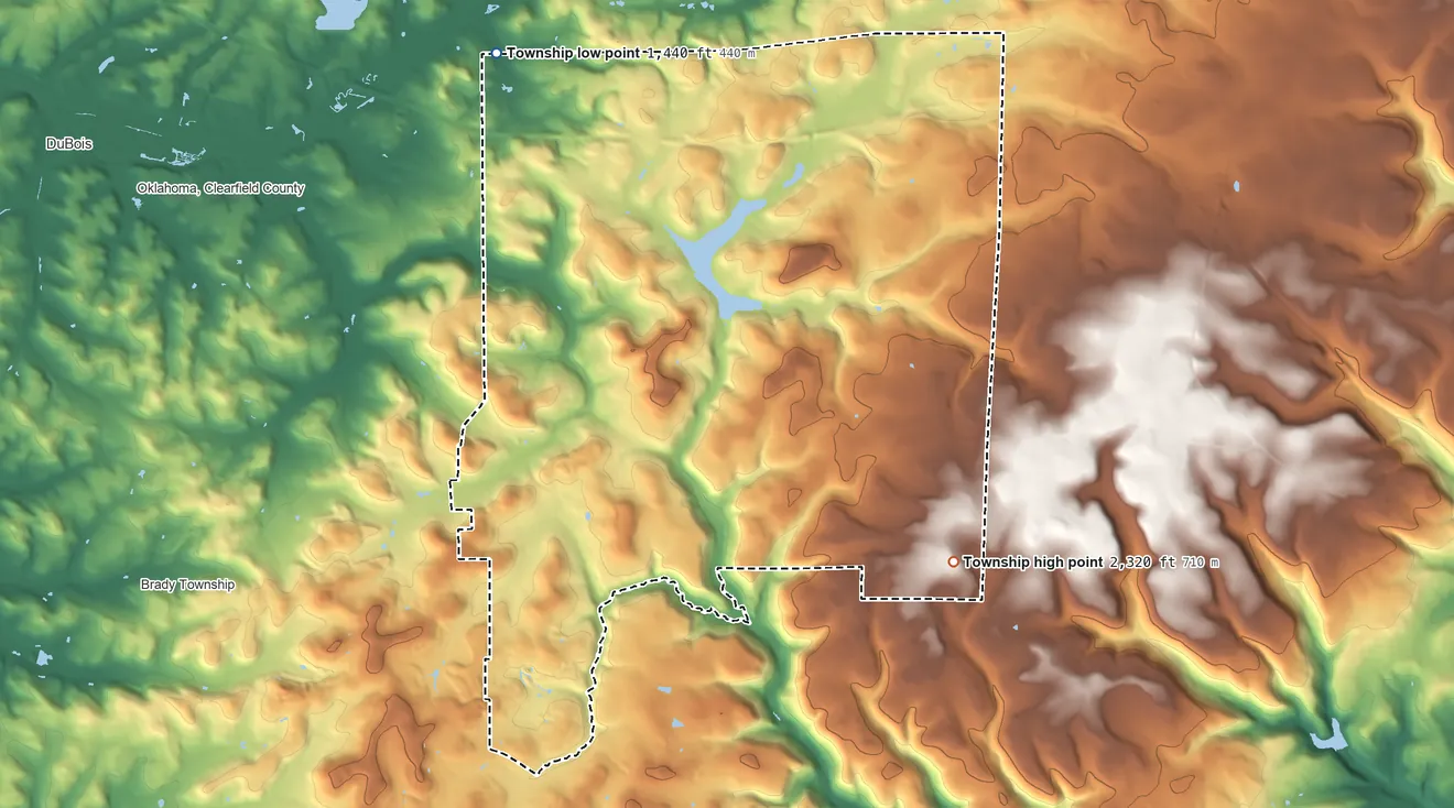 Topographic elevation map of Union Township, Clearfield County, Pennsylvania, shaded from 1,440 ft on the north side to 2,320 ft on the southeast side