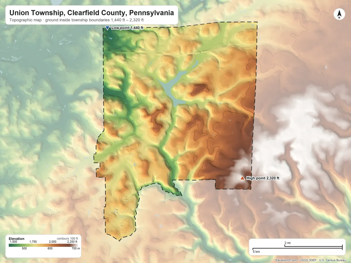 Topographic elevation map of Union Township, Clearfield County, Pennsylvania, shaded from 1,440 ft on the north side to 2,320 ft on the southeast side