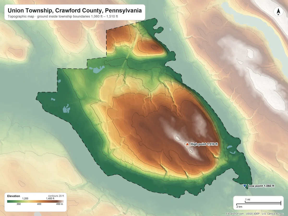 Topographic elevation map of Union Township, Crawford County, Pennsylvania, shaded from 1,060 ft on the southeast side to 1,510 ft on the southeast side