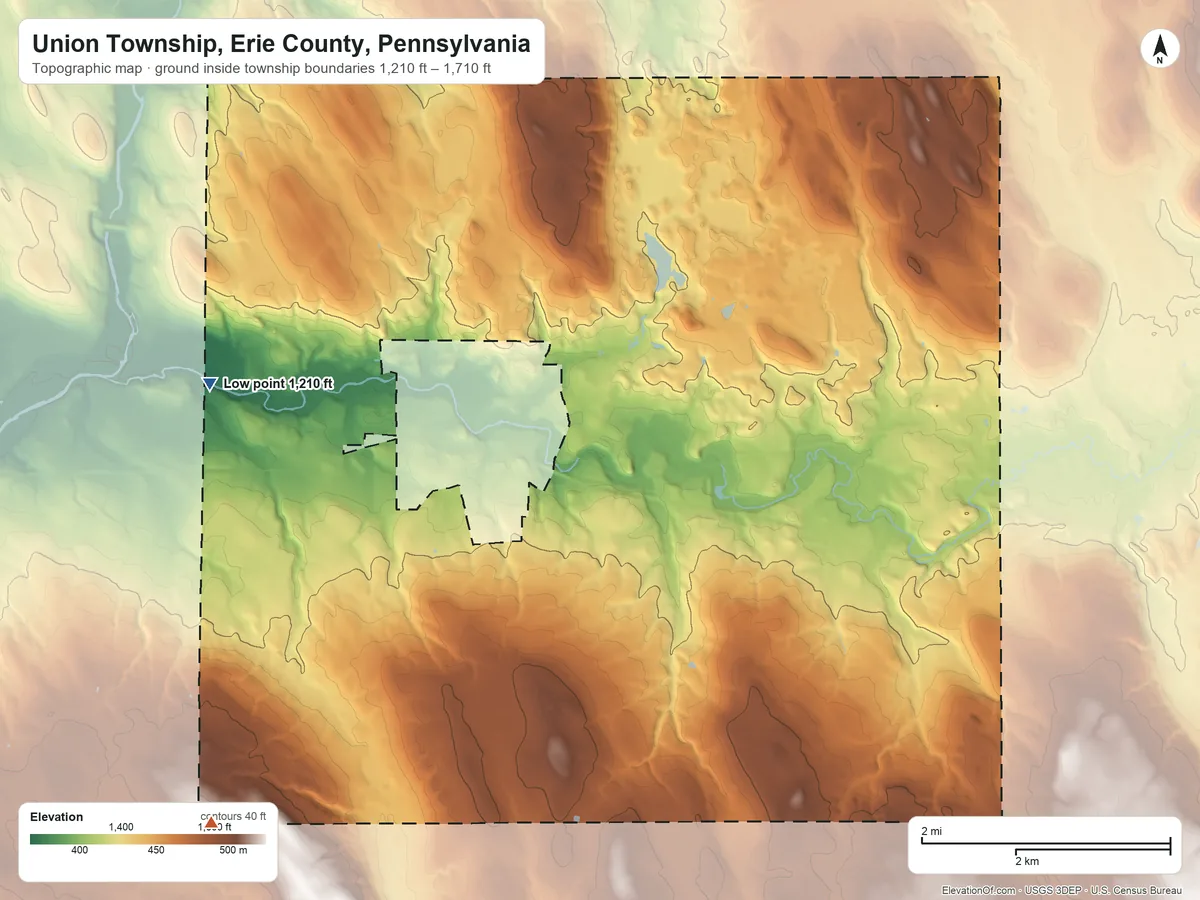 Topographic elevation map of Union Township, Erie County, Pennsylvania, shaded from 1,210 ft on the west side to 1,710 ft on the southwest side