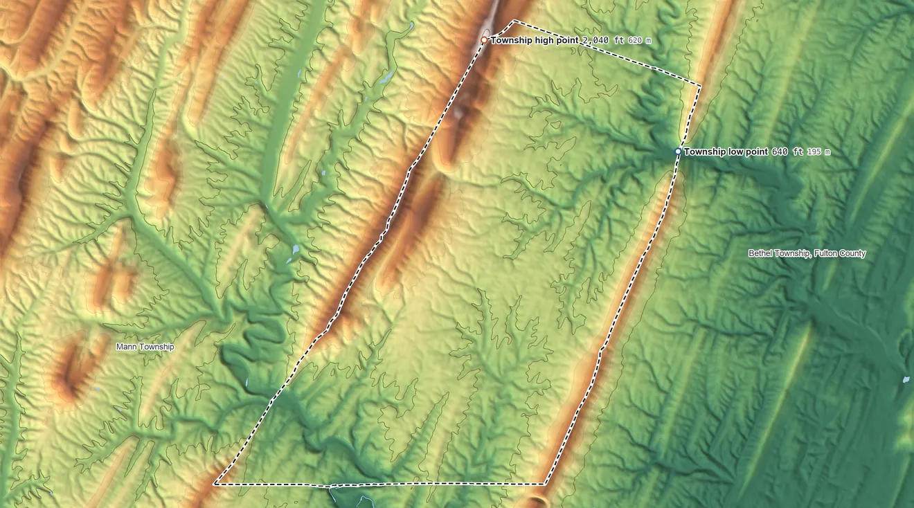 Topographic elevation map of Union Township, Fulton County, Pennsylvania, shaded from 640 ft on the northeast side to 2,040 ft on The Lockings