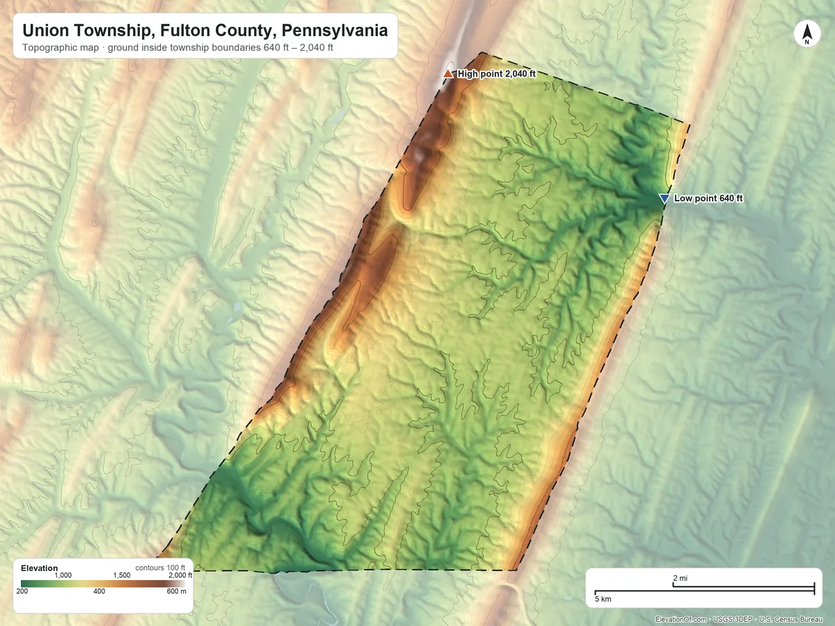 Topographic elevation map of Union Township, Fulton County, Pennsylvania, shaded from 640 ft on the northeast side to 2,040 ft on The Lockings