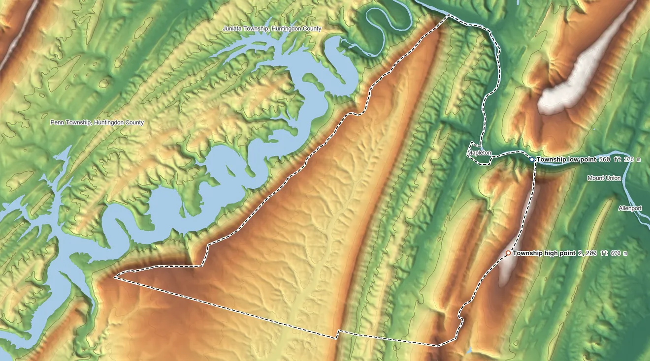 Topographic elevation map of Union Township, Huntingdon County, Pennsylvania, shaded from 560 ft on the east side to 2,200 ft on the southeast side