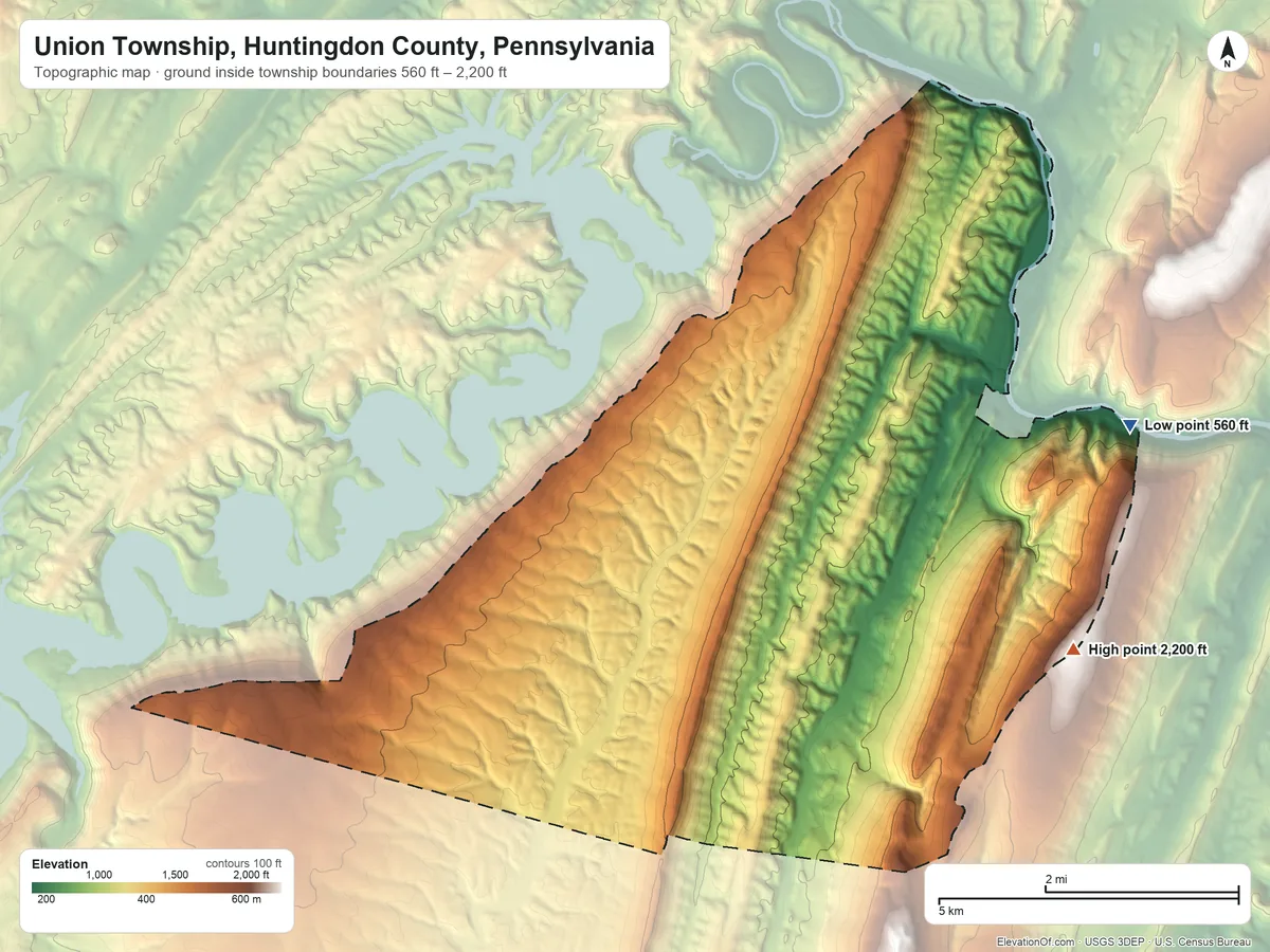 Topographic elevation map of Union Township, Huntingdon County, Pennsylvania, shaded from 560 ft on the east side to 2,200 ft on the southeast side