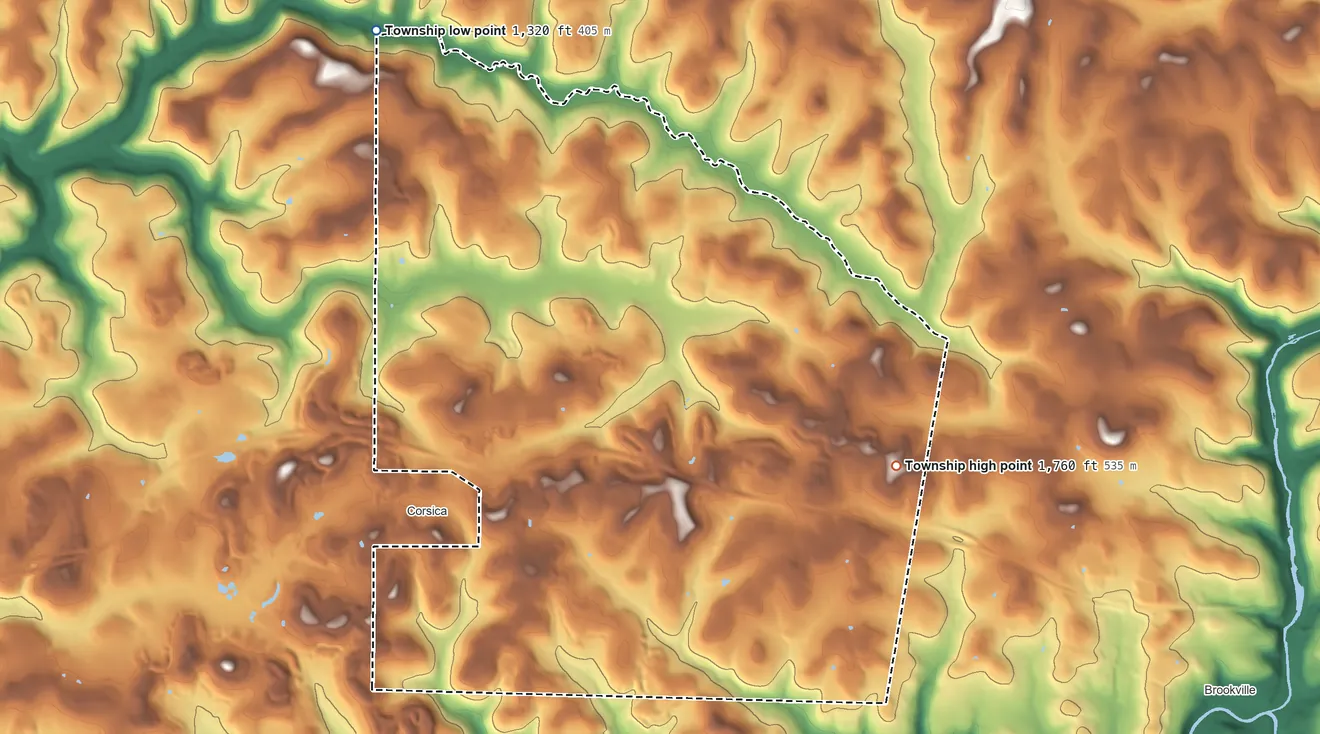 Topographic elevation map of Union Township, Jefferson County, Pennsylvania, shaded from 1,320 ft on the northwest side to 1,760 ft on the east side