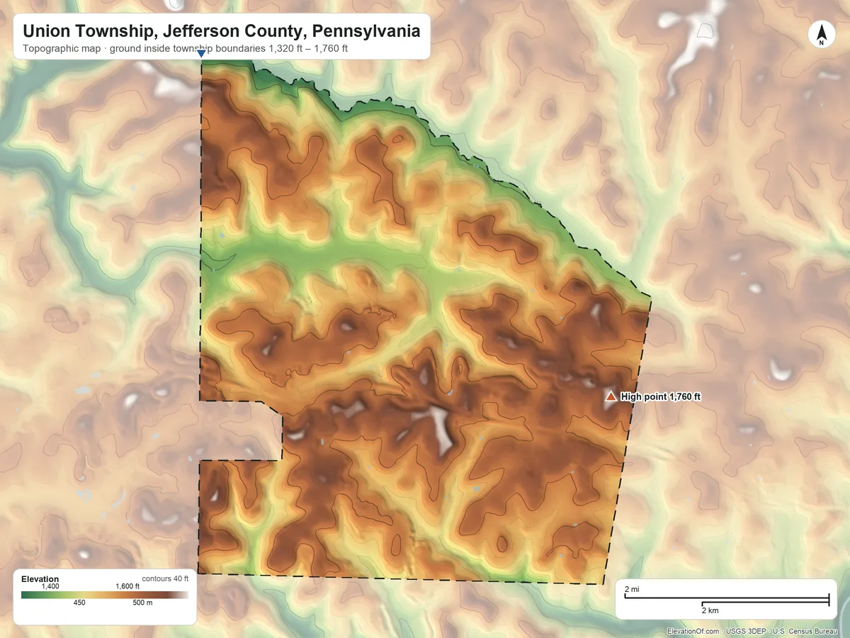Topographic elevation map of Union Township, Jefferson County, Pennsylvania, shaded from 1,320 ft on the northwest side to 1,760 ft on the east side