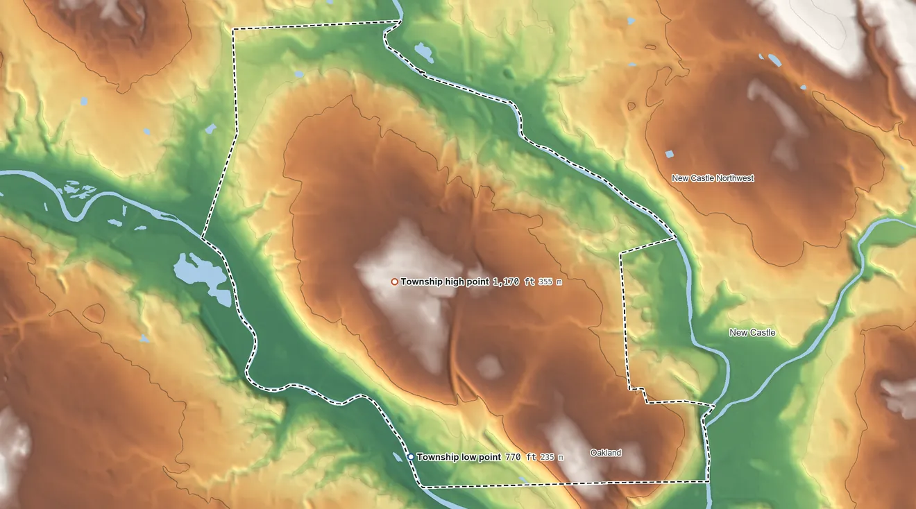 Topographic elevation map of Union Township, Lawrence County, Pennsylvania, shaded from 770 ft on the southwest side to 1,170 ft on the northwest side