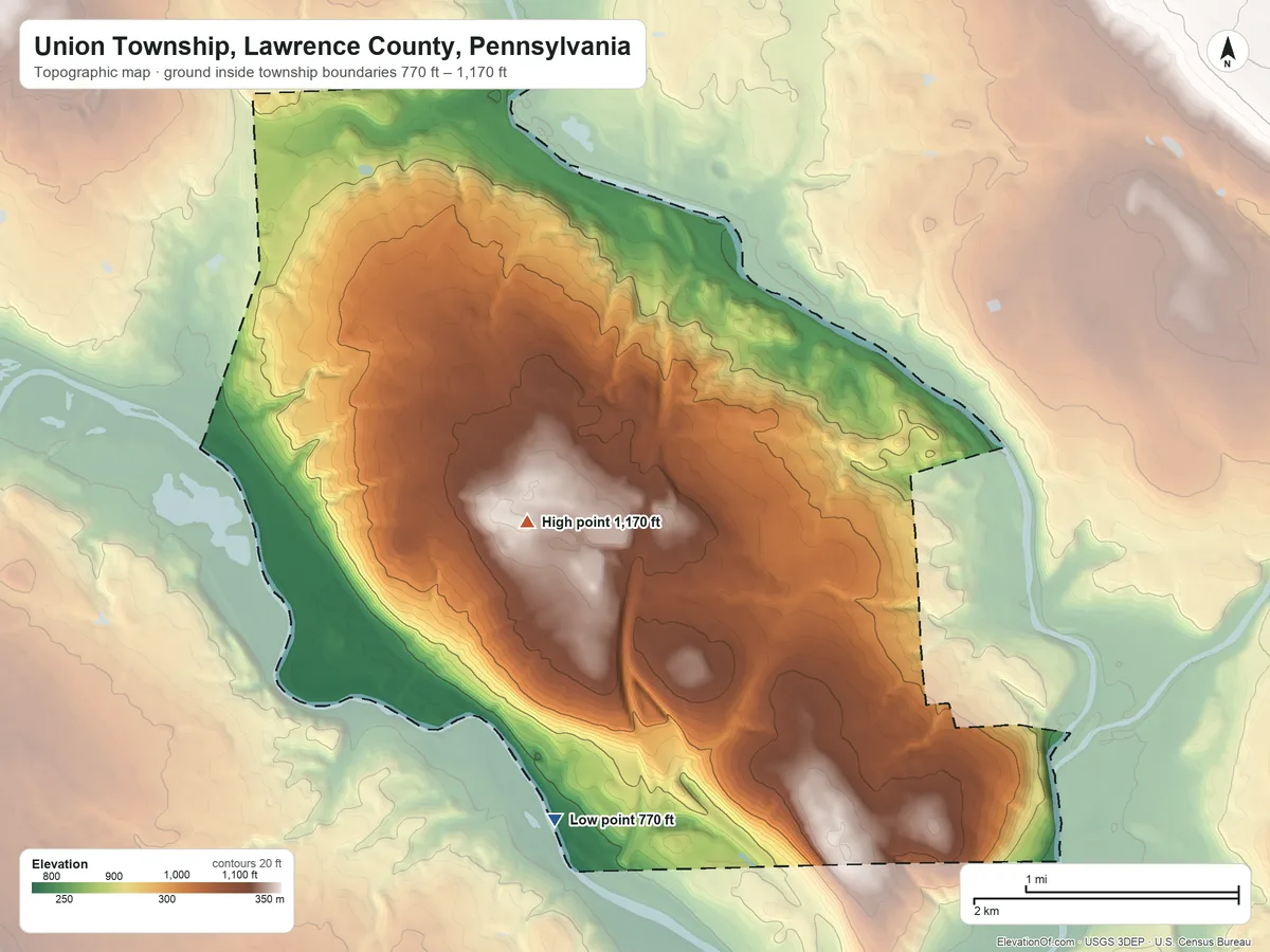 Topographic elevation map of Union Township, Lawrence County, Pennsylvania, shaded from 770 ft on the southwest side to 1,170 ft on the northwest side