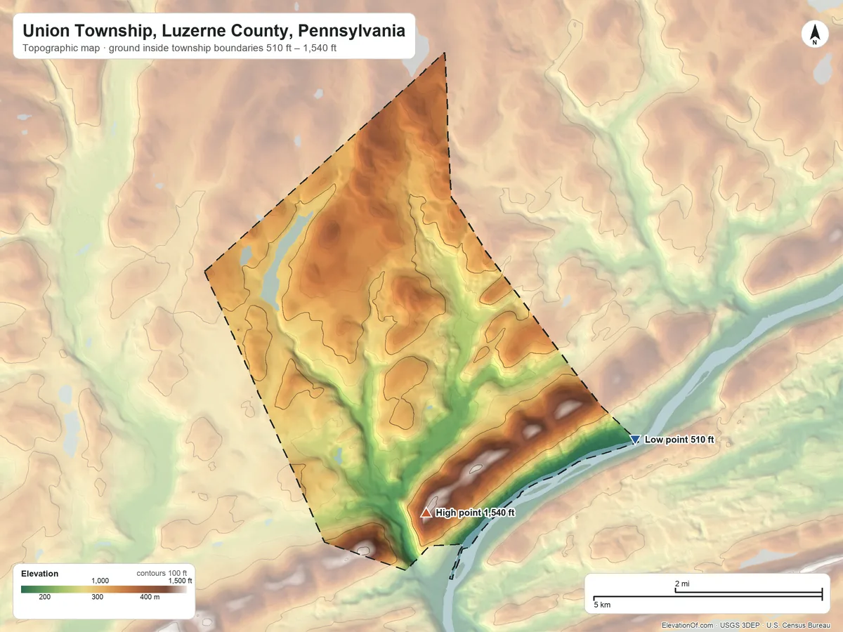 Topographic elevation map of Union Township, Luzerne County, Pennsylvania, shaded from 510 ft on the southeast side to 1,540 ft on Shickshinny Mountain