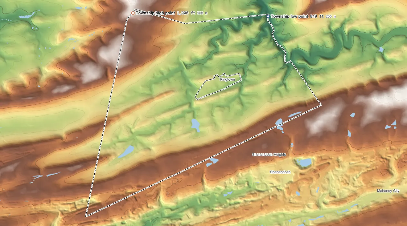 Topographic elevation map of Union Township, Schuylkill County, Pennsylvania, shaded from 840 ft on the northeast side to 1,900 ft on the northwest side